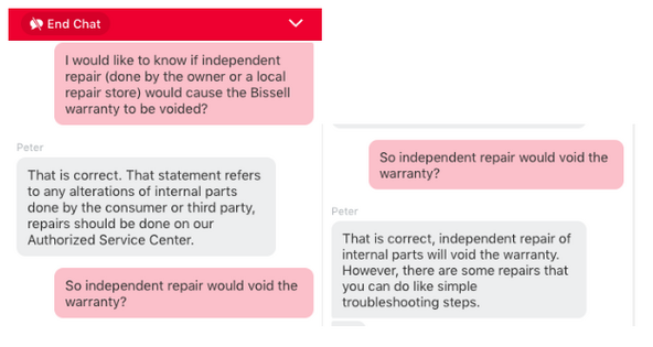 Chat with Bissel costumer service about warranty and independent repair