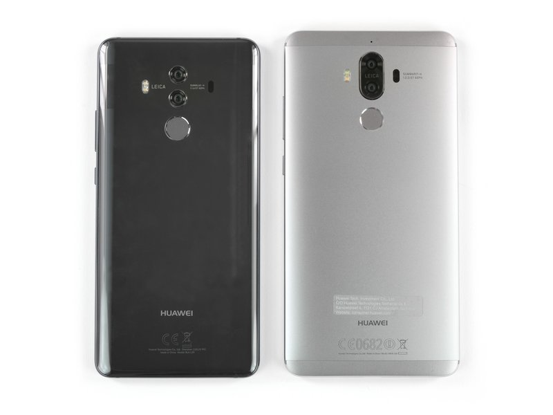 Before we start to deconstruct the Mate 10 Pro, we line it up next to one of its predecessors, the Mate 9—which we also tore down—for a quick comparison.
