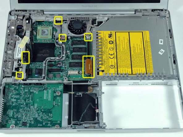 Image 1/1: Carefully disconnect six indicated connectors from the logic board. To disconnect the four white connectors, use your fingernails or a dental pick to carefully pry the connectors from their sockets. Make sure you're pulling only on the connector and not on the socket.