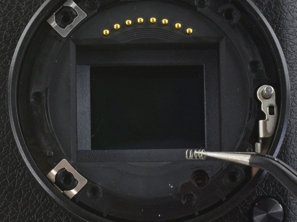 Use tweezers to lift the pyramid screw and spring from the lens assembly.