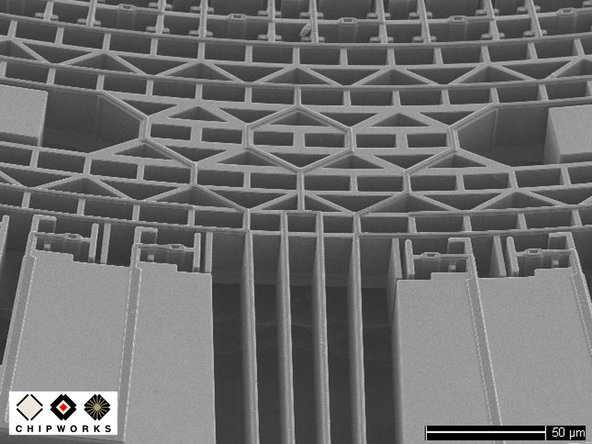 Image 2/2: The micron bars on the images give a sense of their diminutive scale. The thickness of the oscillator shown in the second picture is about a quarter the diameter of the average human hair, or about three red blood cells placed side by side.