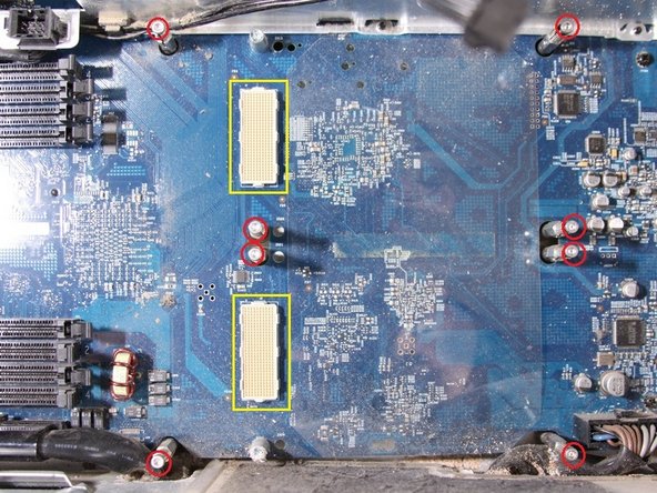 Image 1/1: Check the pin connections for any damage. All the pins highlighted in yellow should appear straight up and not appear bent. DON'T TOUCH THE PINS. A bent pin will result in your computer not powering on.