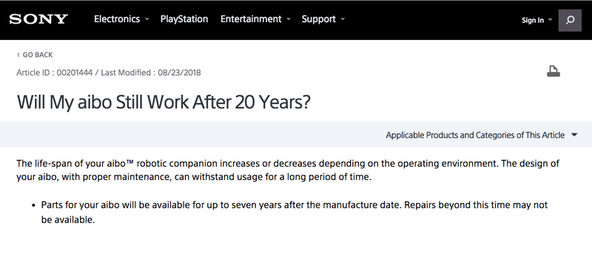 Sony Aibo longevity on Sony FAQ