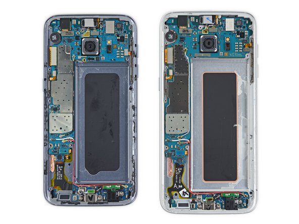 Image 1/3: Unfortunately, in a step backwards from last year's [https://www.ifixit.com/Teardown/Samsung+Galaxy+S6+Edge+Teardown/39158#s88415|model|new_window=true], this Edge has also adopted our ''least'' favorite design feature: soft-button LED cables that wrap around the midframe, to be glued down under the display glass. That daughterboard won't be coming out any time soon...