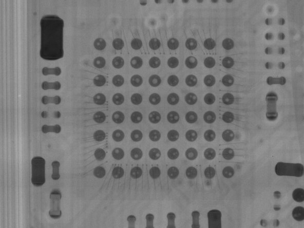 Our X-ray imagery shows some quality issues in this chip's solder joints. Empty spaces, known as voiding, could be evidence of low quality standards, or a rushed product release. Could issues with the AirPod case be what delayed release?