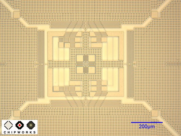 Image 2/2: The GK10A is comprised of a plate, called the "proof mass," that vibrates ([link|http://en.wikipedia.org/wiki/Oscillate|oscillates]) when a drive signal is applied to set of drive capacitor plates.
