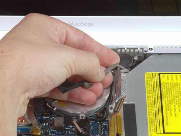 Pull up the display data cable from along the edge of the optical drive to reveal a silver Phillips screw.