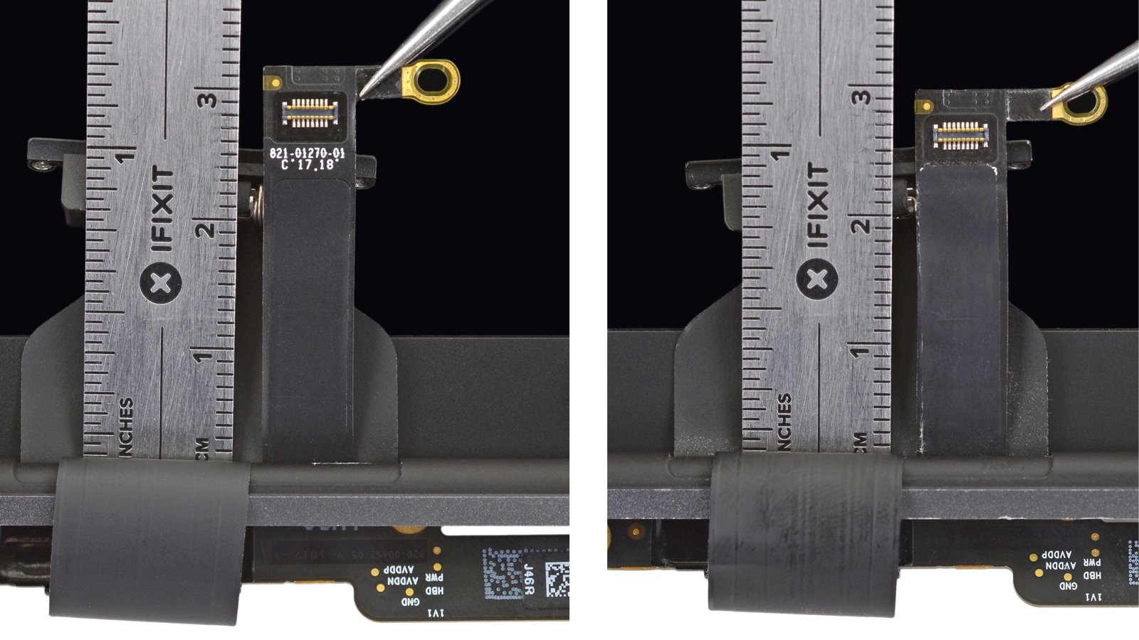 Millimeter ruler showing longer cables in 2018 MacBook Pro models