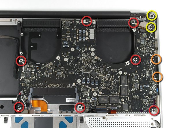 Image 1/1: While our circles make it look like there are a lot of screws, this machine appears to have fewer screws than the previous MacBook Pro. These screws all attach directly to the solid-piece upper case, which should simplify maintenance a bit.