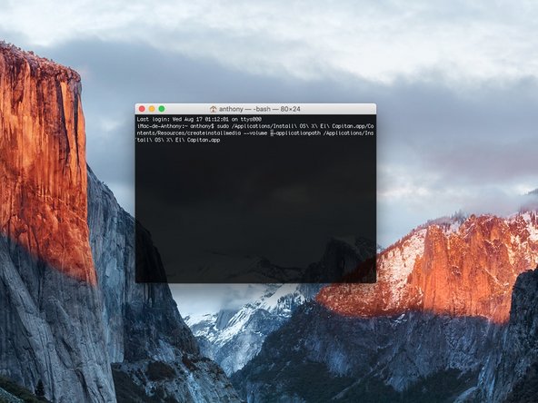Dans le Terminal, insérez une des ligne de commande suivantes (Le nom du système d'exploitation est celui que vous voulez installer sur la clé. Pas celui du système de votre Mac) :