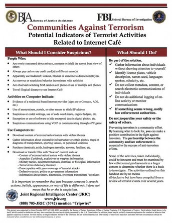 FBI flyer warning against suspicious terrorist activities