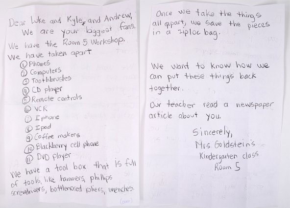 Letter from little fixers in a kindergarten class