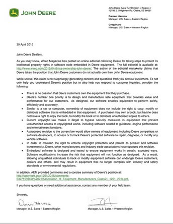 Letter from John Deere to its customers about the DMCA