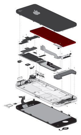 Exploded view of the iPhone 4, battery highlighted in red.