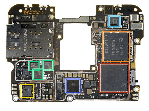 Samsung K3UH7H70MM-AGCJ 8 GB LPDDR4X DRAM (layered over Qualcomm Snapdragon 845)