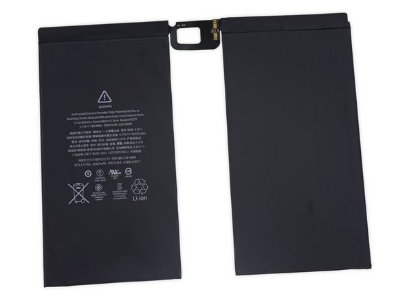 Image 2/3: This prodigious, 38.8 Wh power source offers a 40 percent increase over the 27.62 Wh battery in the [https://www.ifixit.com/Teardown/iPad+Air+2+Teardown/30592#s71659| iPad Air 2|new_window=true], but just barely edges out the 38.2 Wh battery we found in the [https://www.ifixit.com/Teardown/Microsoft+Surface+Pro+4+Teardown/51568#s112665|Surface Pro 4|new_window=true].